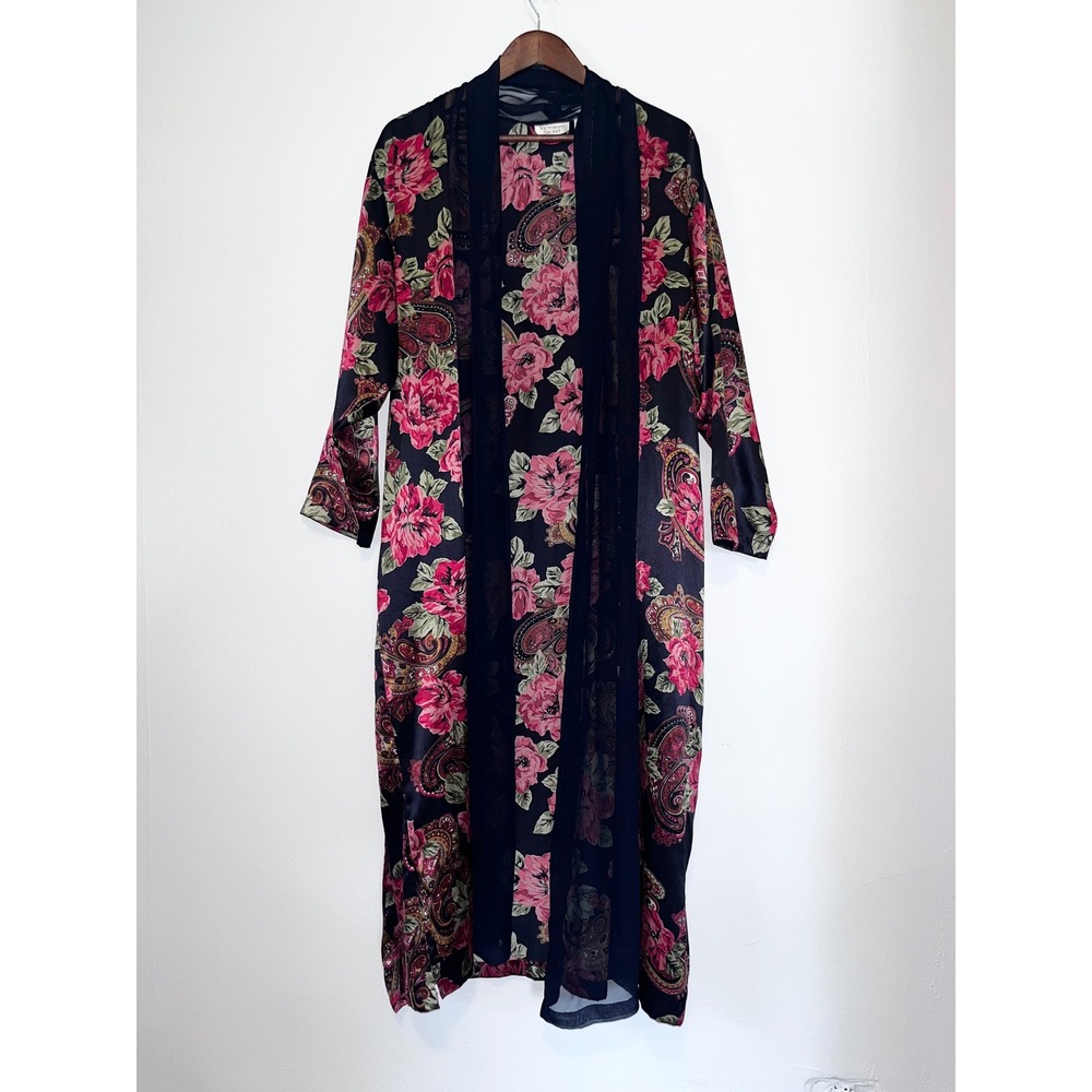 Victoria's Secret Vintage Gold Label Floral Paisley Satin Duster Robe Navy L